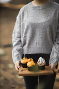 A woman holding a wooden tray with Halloween themed cupcakes in an autumn setting.