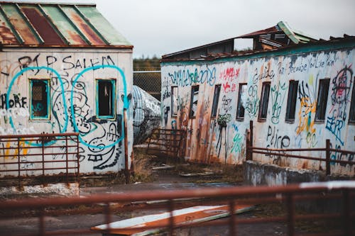 Facade of damaged buildings with rusty roofs and graffiti on walls located near metal fences on street against cloudless sky