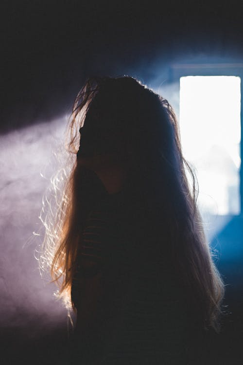 Silhouette of female with long hair standing against window in bright glowing ray of sunshine