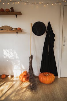 Festive Halloween setup with pumpkins, witch's hat, and broom indoors.