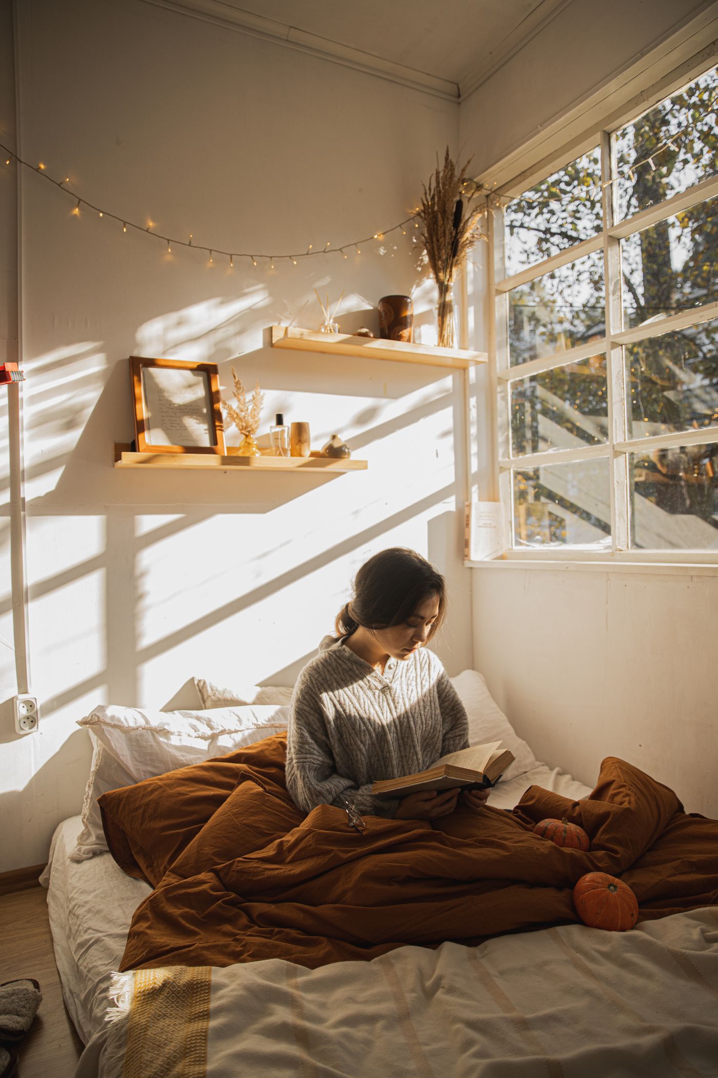 Woman in a long-sleeved top reading a book in a cozy bedroom