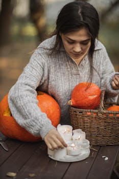 A woman arranges candles in pumpkins for an outdoor autumn celebration, creating a cozy fall atmosphere.