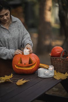Woman preparing a carved pumpkin with candles outdoors on a fall day.