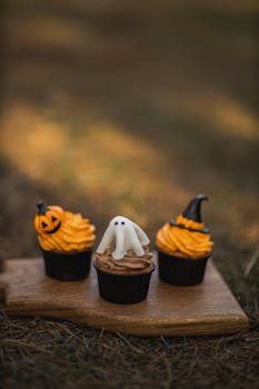 Charming Halloween cupcakes with pumpkin, ghost, and witch hat designs, perfect for celebrations.