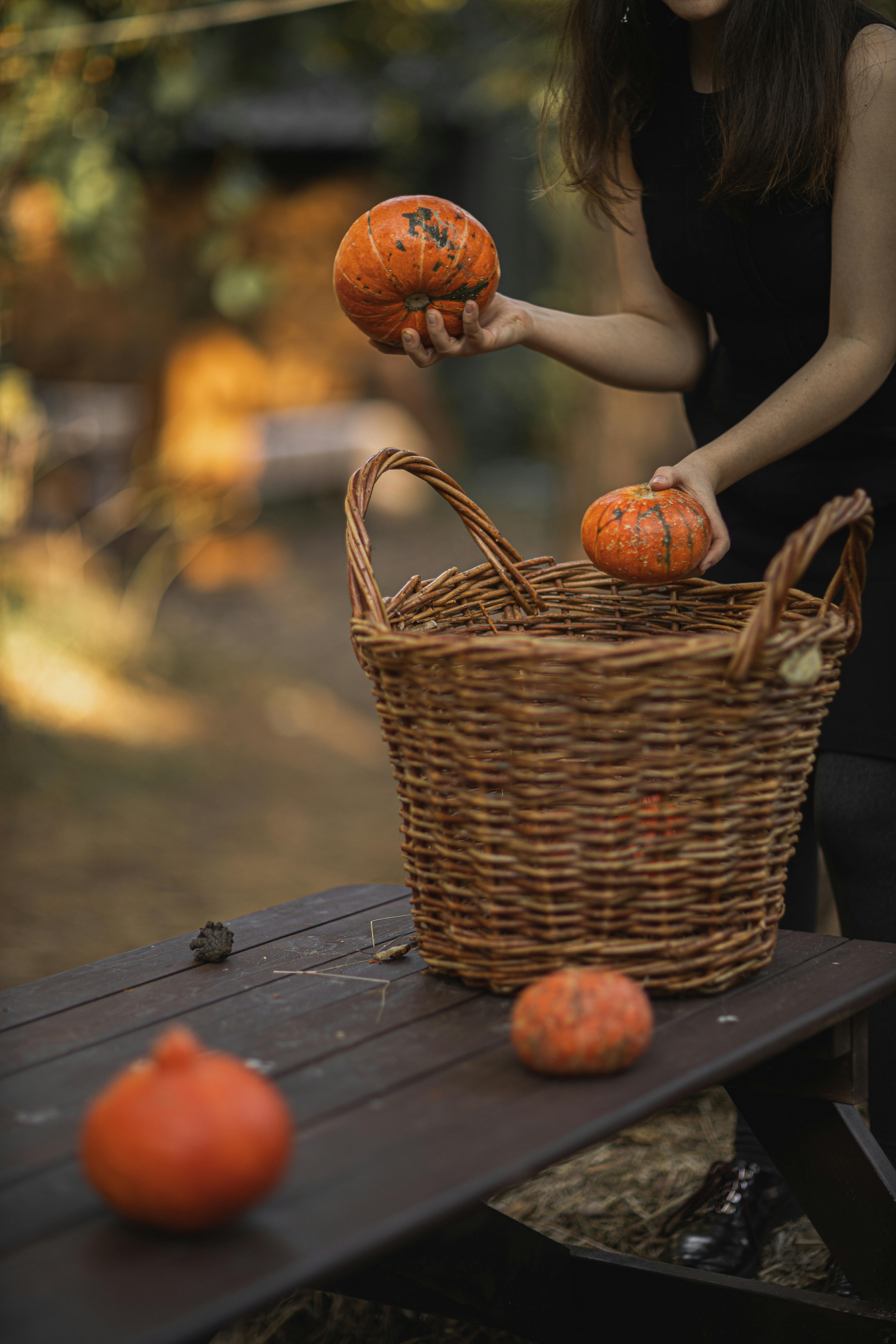 woman holding two orange pumpkins