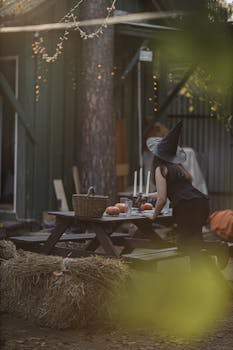 A woman dressed as a witch sets a table outdoors, adorned with candles and pumpkins, creating a magical autumn atmosphere.