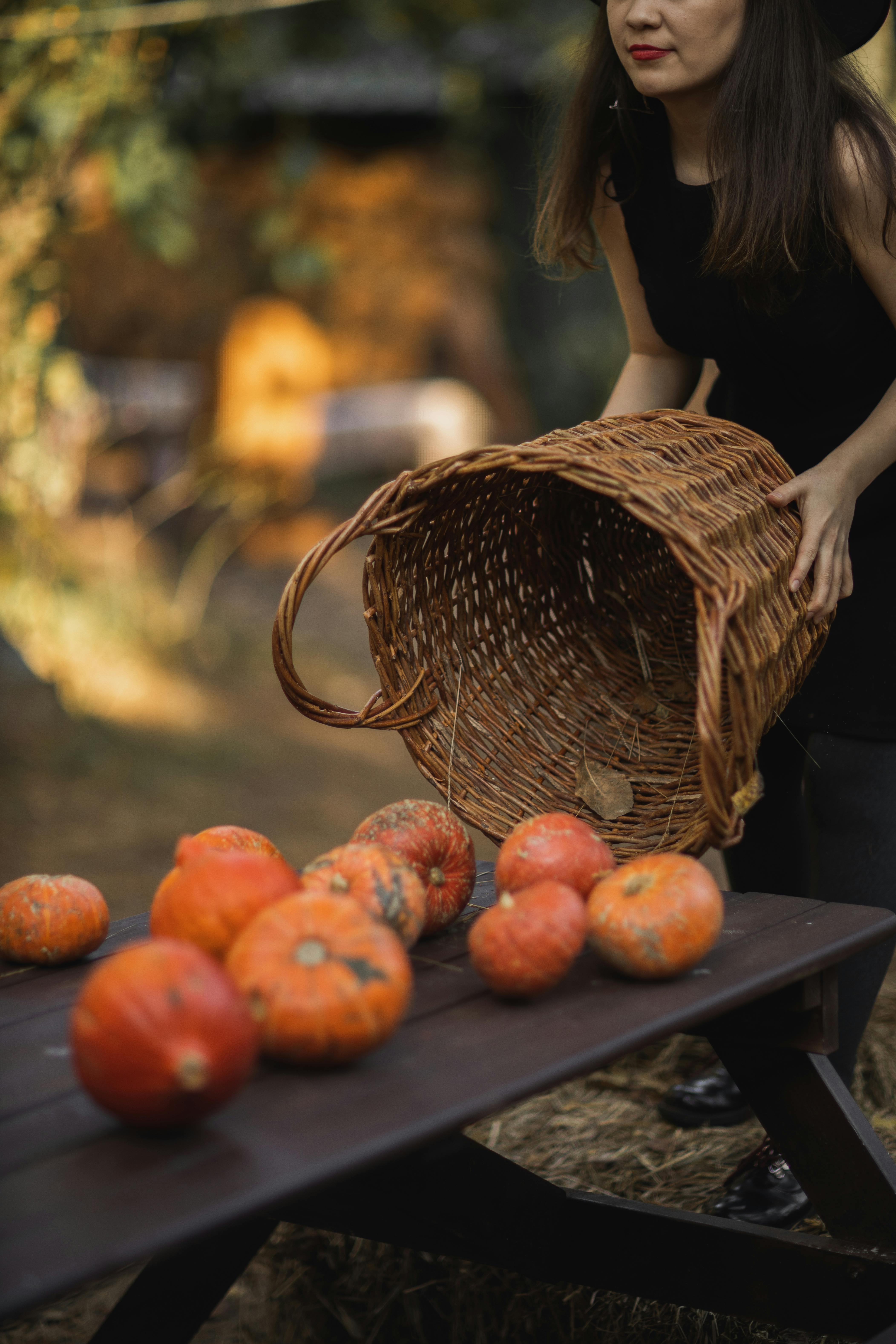 orange pumpkins in brown woven basket