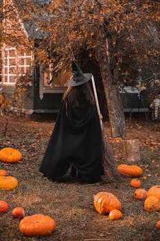 A back view of a witch costume amidst pumpkins, perfect for a Halloween theme.