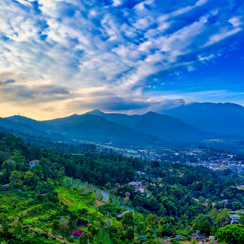 Green mountains with grassy field near forest near settlement