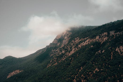 Serene landscape of Alborz Mountains in Qaemshahr with mist covering the peaks, depicting natural beauty.