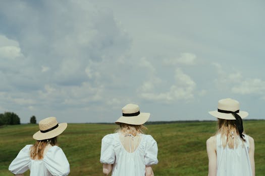 Three women in white dresses and straw hats enjoying a meadow under a cloudy sky.