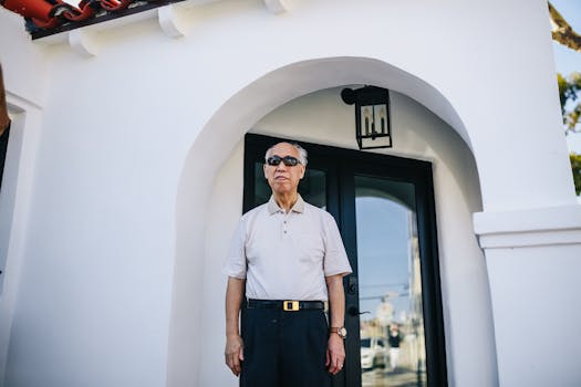 Senior man wearing sunglasses standing outside a modern home entrance.