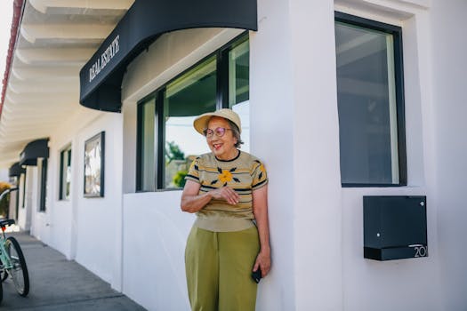 Smiling senior woman stands outside a real estate office, enjoying a sunny day.