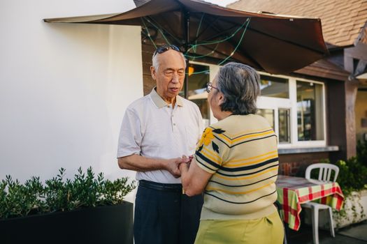 Senior Asian couple holding hands and expressing love and affection in a sunny outdoor setting.