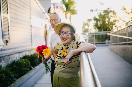 Free Delighted elderly couple spending time together outdoors during a sunny day, holding flowers. Stock Photo