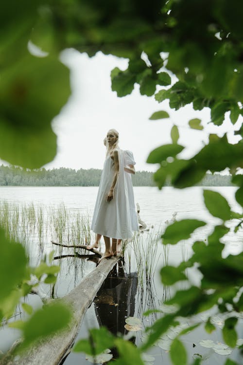 Women in White Dresses Standing on Tree Trunk on Lake