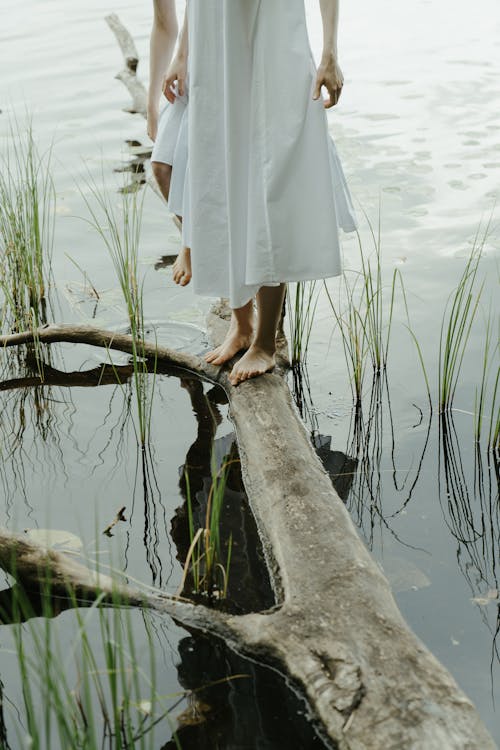 Women Standing on a Tree Trunk