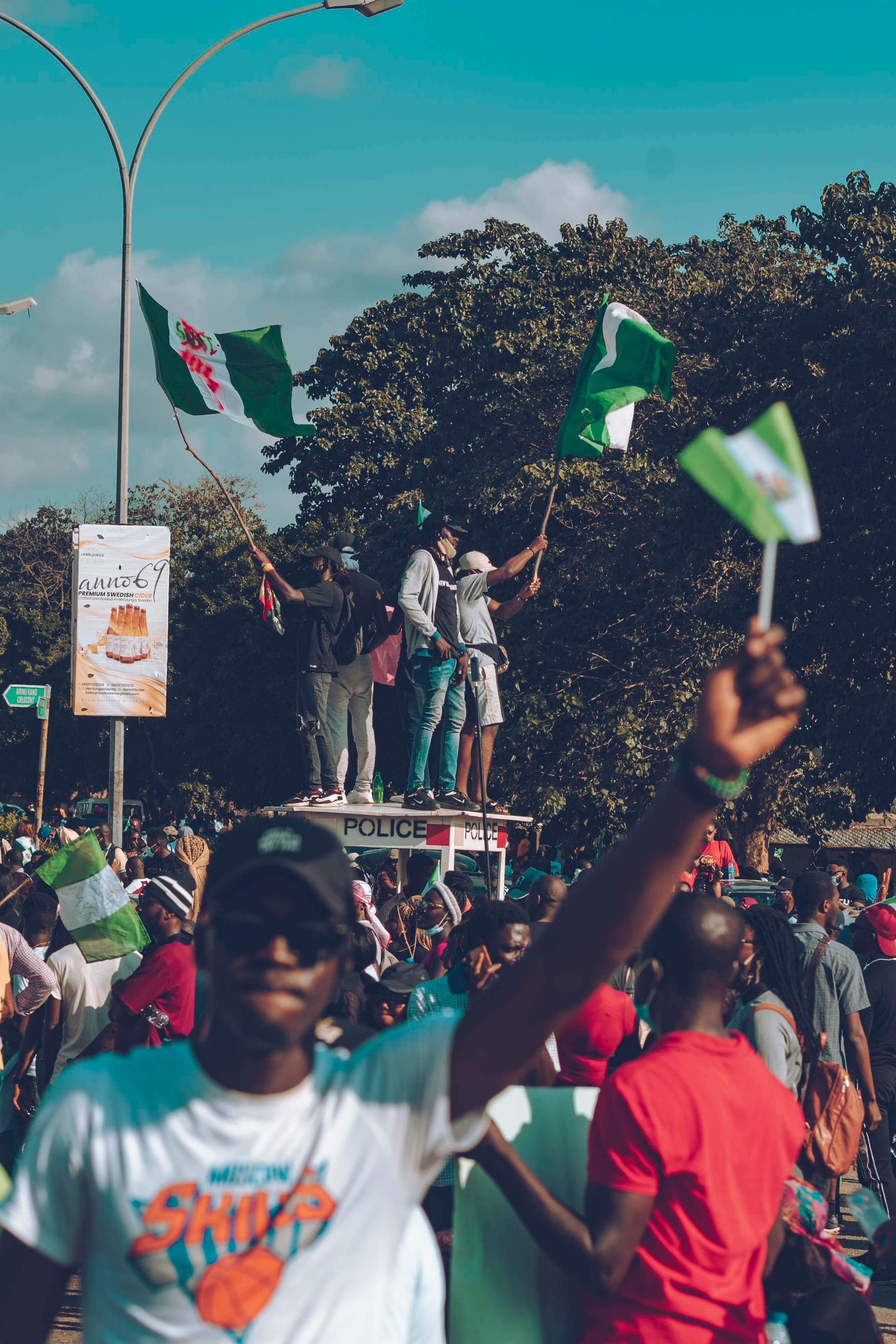 A group of Nigerian protesters rally outdoors holding flags and signs in a daytime demonstration.