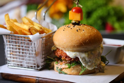 Burger With White Sauce and French Fries