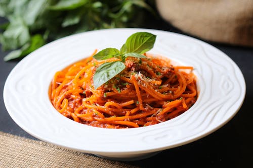 Spaghetti Pasta with Basil on Top