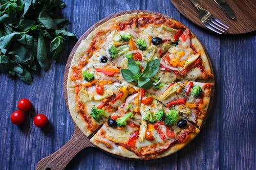 Veggie Pizza on Brown Wooden Tray
