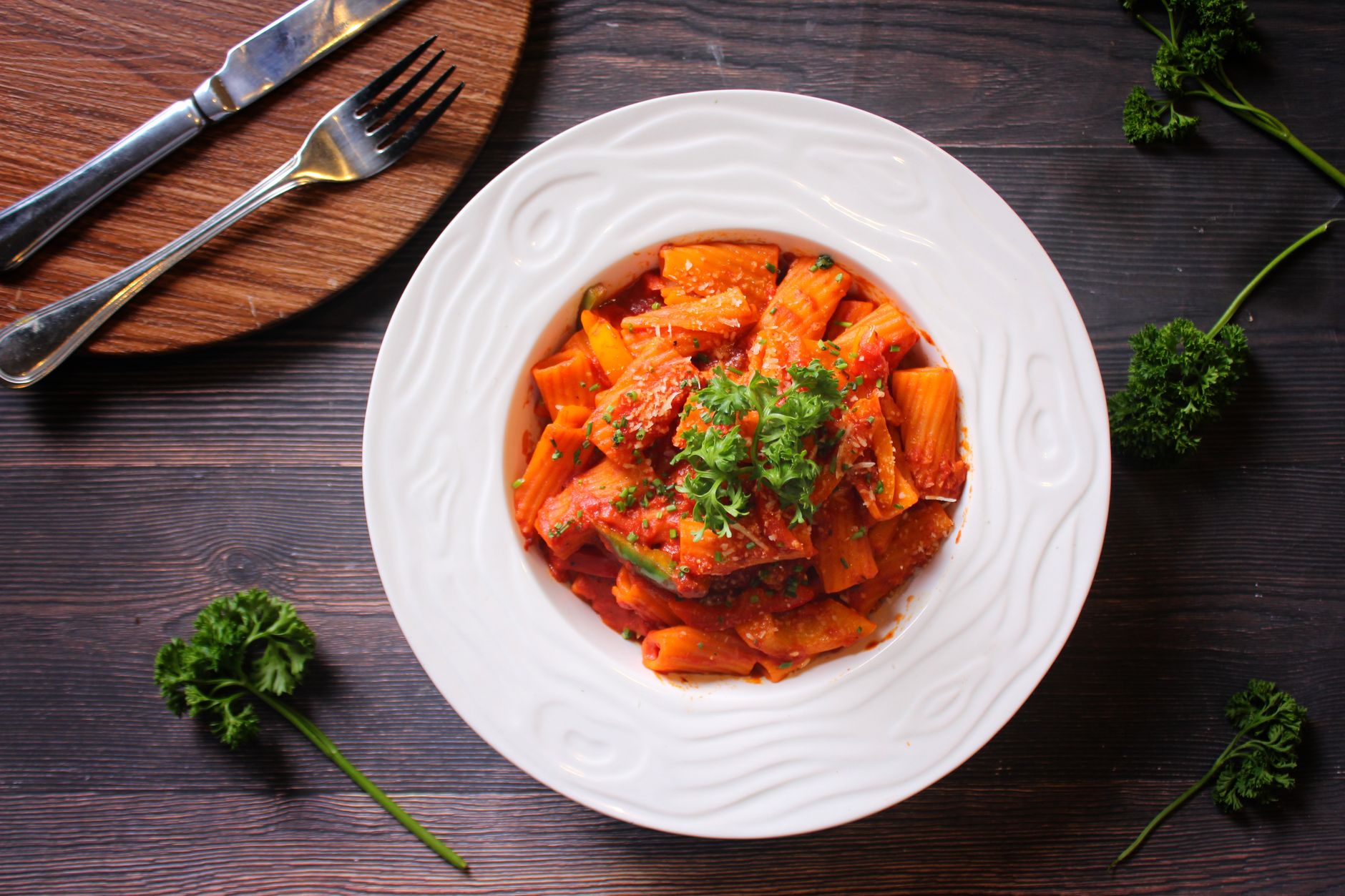 Rigatoni in a deep red tomato sauce