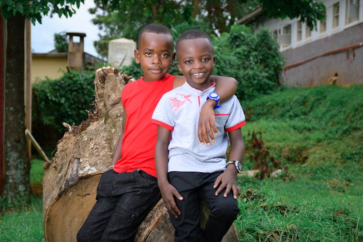 Two African American Boys Sitting Together On Big Tree Trunk