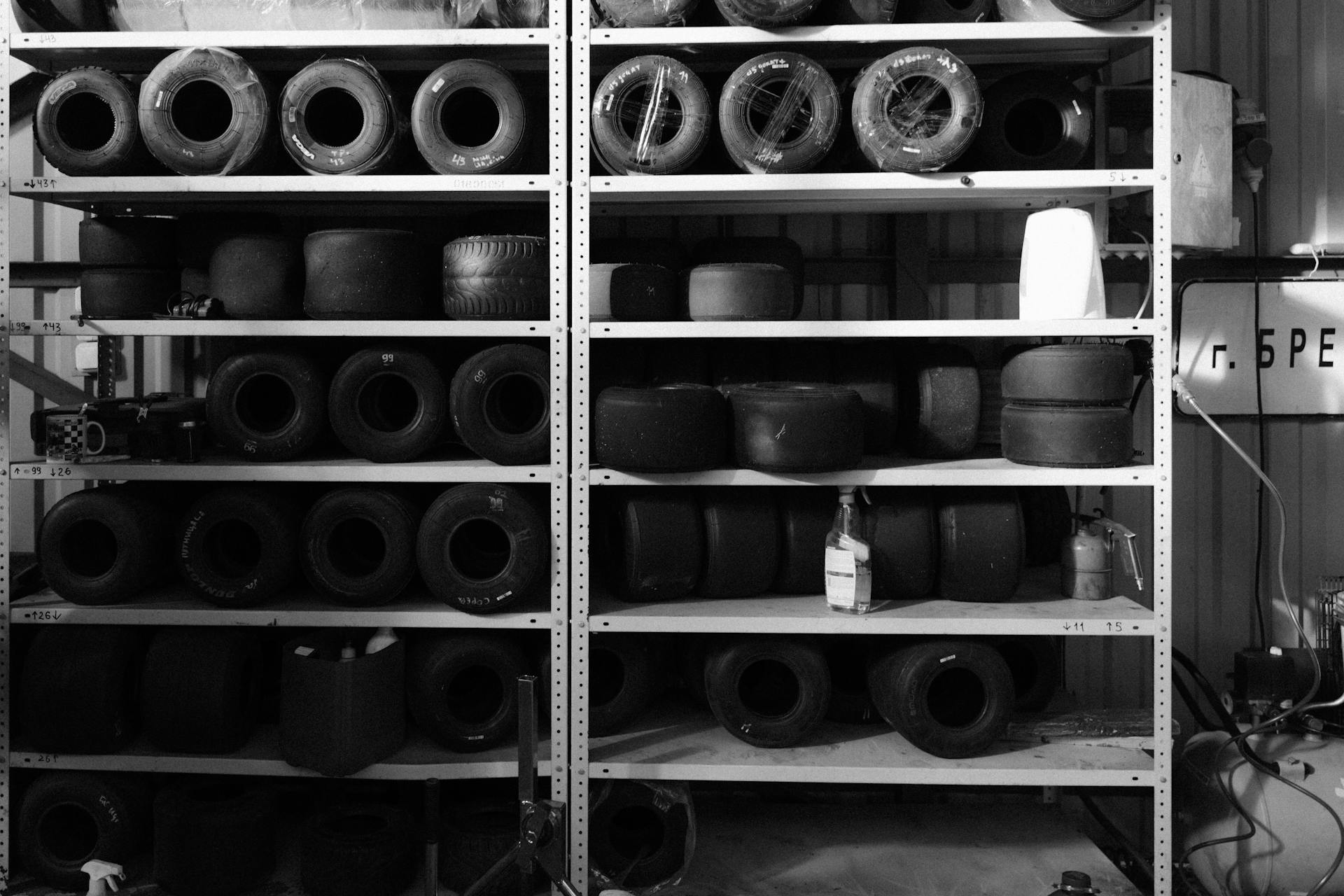 Monochrome Shot of Go-Karts Tires in the Shelf