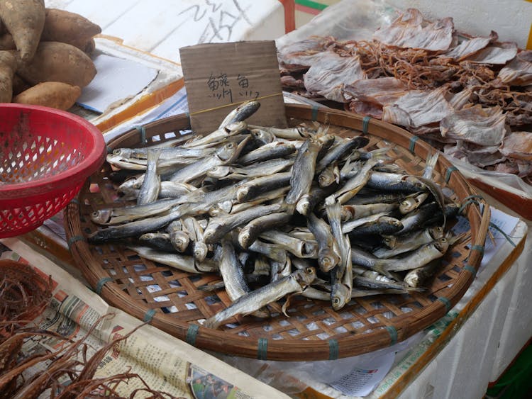 Gray Fish On Round Bamboo Tray