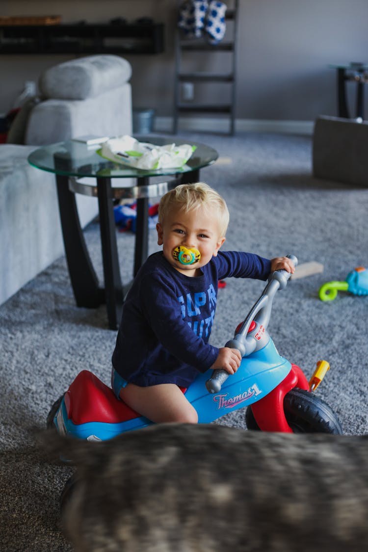 Cute Boy On Walker Car At Home