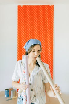 A woman in casual attire holding wallpaper rolls, preparing for home renovation indoors.