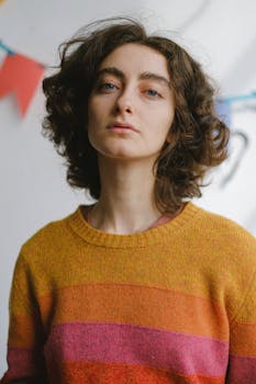 一位穿着色彩缤纷保暖毛衣的年轻卷发女性，正低头沉思，从低角度看向镜头