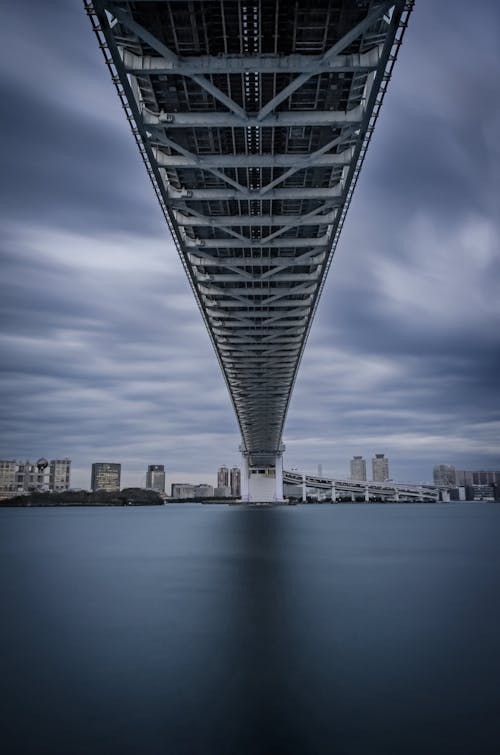 Modern bridge over calm river in city