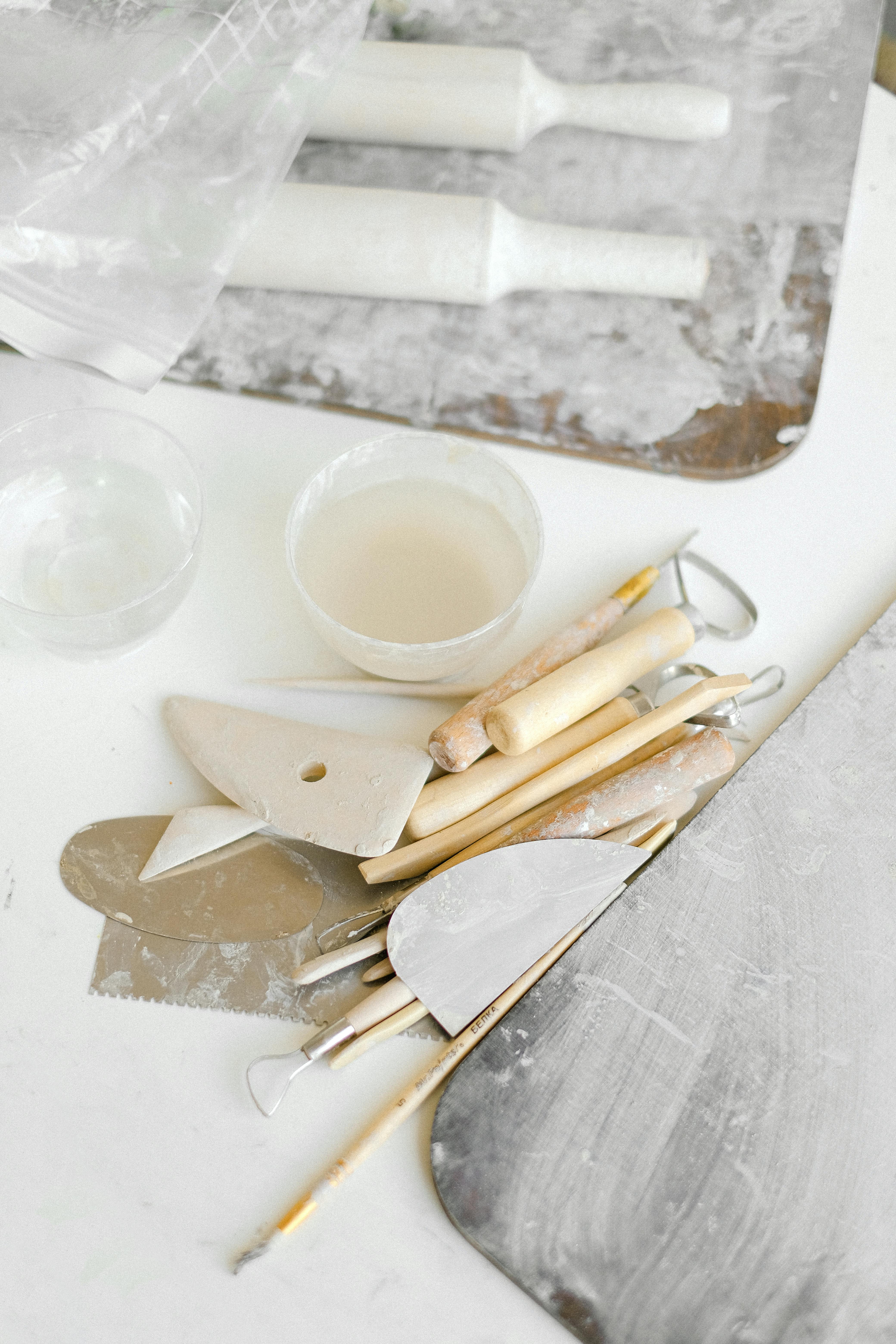 set of various tools for clay in workshop