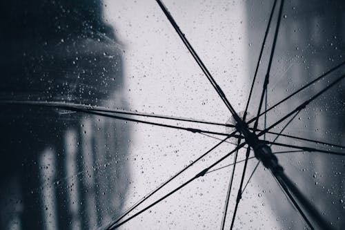 Rain droplets on wet transparent umbrella
