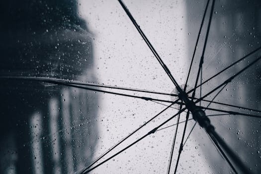 Close-up of a transparent umbrella with raindrops against a blurred urban background.