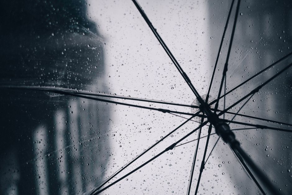 From below of transparent umbrella with drops in rainy weather on city street
