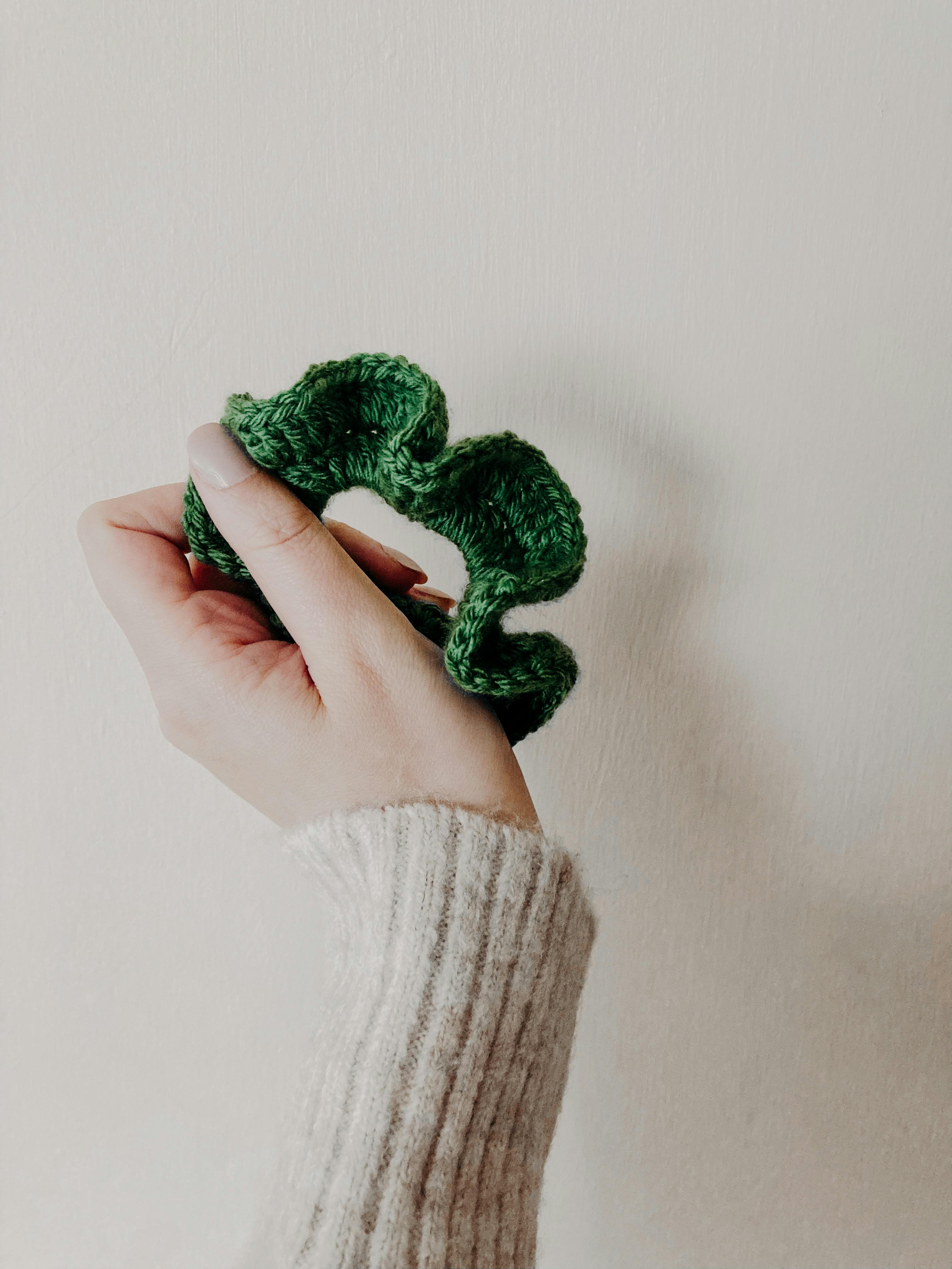 woman in sweater with handmade scrunchie