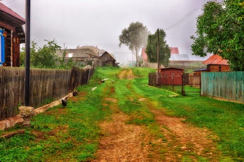 Dirt Road between Houses in Countryside