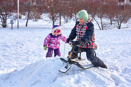 Children enjoying a snowy day with a sled, creating playful winter memories.