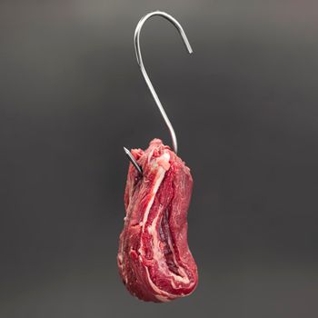 Detailed shot of raw beef suspended on a metal hook with a neutral background.