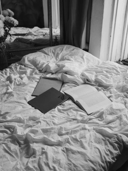 A Grayscale of Books on a Bed