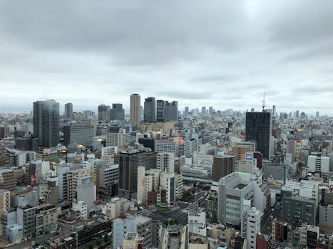 Discover the expansive cityscape of Japan featuring high-rise buildings under a cloudy sky.