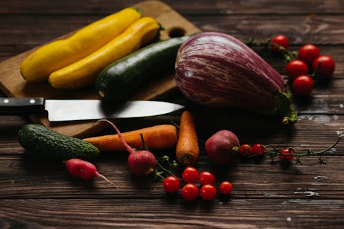 Healthy Fruits and Vegetables on Wooden Surface