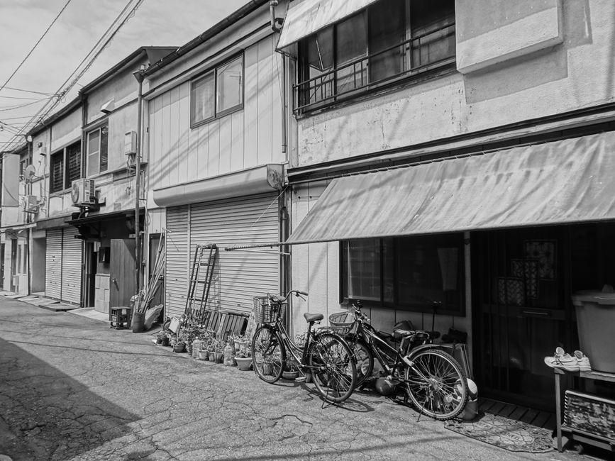 伝統的な建物が立ち並ぶ盛岡の通りを走る自転車の白黒写真。