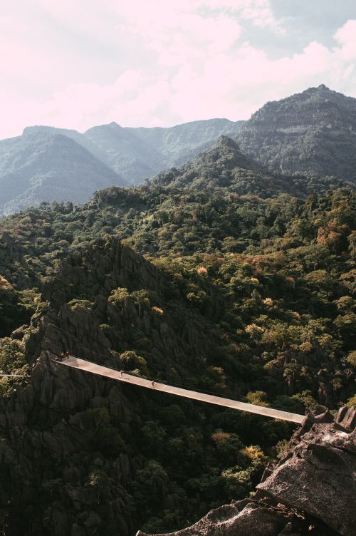 Free A breathtaking view of a bridge amidst lush forests and mountains in Khammouane, Laos. Stock Photo