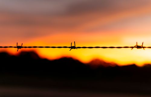 Free Silhouette of barbed wire against a vivid orange sunset sky, creating a bold and dramatic scene. Stock Photo