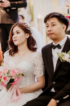 Elegant Asian couple in a beautiful wedding ceremony, showcasing love and tradition.