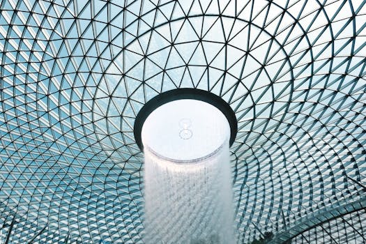 Stunning view of Jewel Changi Airport's vortex waterfall under a geometric glass dome.