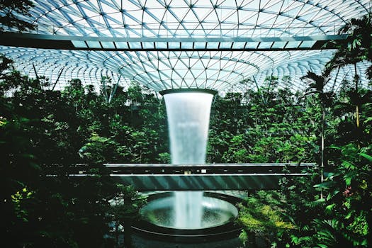 Indoor waterfall amidst lush greenery and modern architecture at Jewel Changi Airport, Singapore.